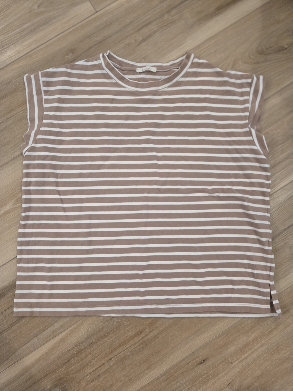 Striped Sleeveless Crewneck Top in Taupe and White